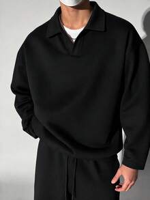 Men's Black Turn-Down Collar V-Neck Polo Sweatshirt, Minimalist Old Money Style Casual Loose Fit Pullover - Black - View 2