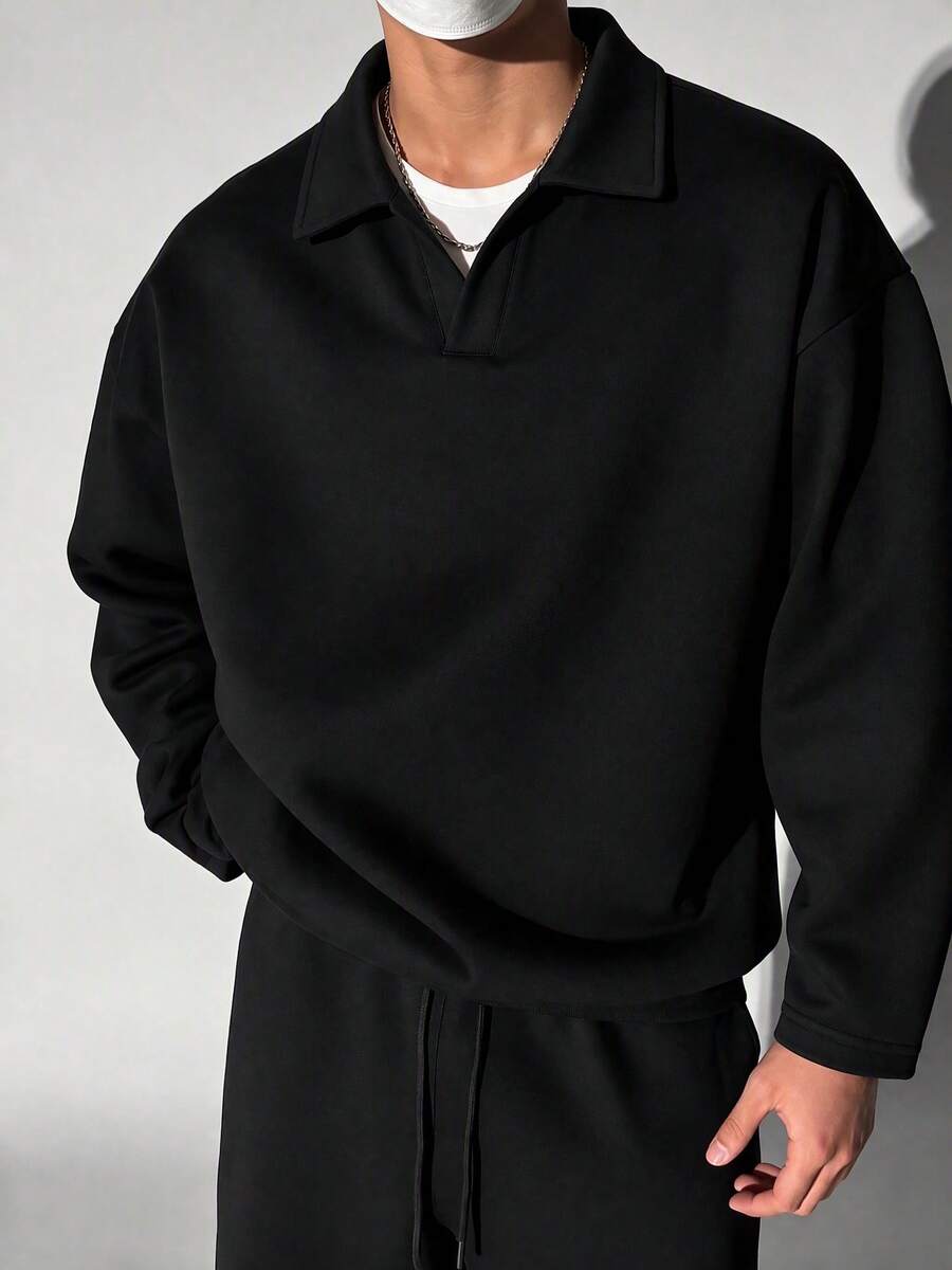 Men's Black Turn-Down Collar V-Neck Polo Sweatshirt, Minimalist Old Money Style Casual Loose Fit Pullover
