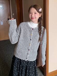 Korean Style Gentle Gray Button-Up Round Neck Long Sleeve Knit Cardigan Sweater, Loose Fit Slimming Design Outerwear Top For Women - Grey - View 3