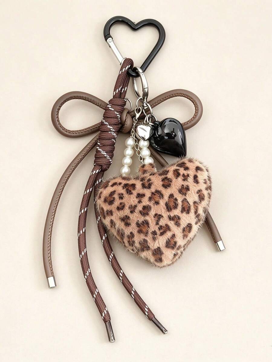 1pc Creative Style Leopard Print Plush Heart Bag Charm Braided Rope Keychain Delicate Hanging Ornament Gift For Women - Multicolor - View 1