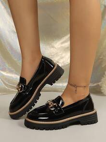 British Style Bow Thick Sole Loafers Women Vintage Round Toe Black Leather Shoes Platform Sole Versatile Commute Slip-On - Black - View 5