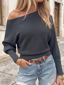 BYGOUBY Autumn/Winter Fashion Women's Cold Shoulder Batwing Sleeve Button Detail Knit Sweater, Casual Soft Comfortable Pullover Top - Grey - View 6