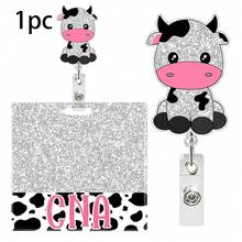 1pc Acrylic Glitter Cow Print Retractable Badge Reel ID Name Tag Holder For Healthcare Workers - A - View 1