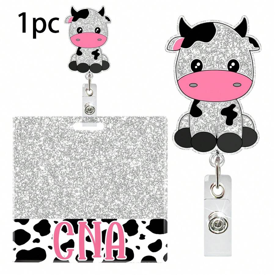 1pc Acrylic Glitter Cow Print Retractable Badge Reel ID Name Tag Holder For Healthcare Workers - A - View 1