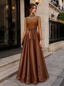 VIPGIRL Brown Evening Dress High Neck Long Sleeve Rhinestone Crystal Beaded Mesh Top Satin Tie Belt A-Line Floor Length Prom Formal Gala Maxi Dress - Khaki - View 1