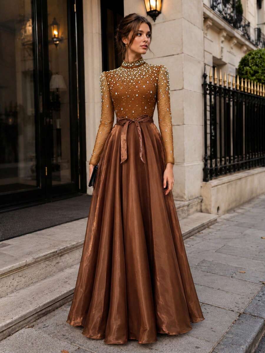 VIPGIRL Brown Evening Dress High Neck Long Sleeve Rhinestone Crystal Beaded Mesh Top Satin Tie Belt A-Line Floor Length Prom Formal Gala Maxi Dress - Khaki - View 1