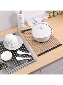 Stainless Steel Roll-Up Dish Rack / Kitchen Anti-Slip Drain Mat - Foldable, Space-Saving, Over Sink, Rust-Resistant, Easy To Clean, Suitable For Kitchen Sink, Countertop, Refrigerator Organization - Multicolor - View 7