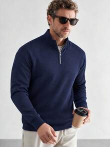 Men's Half-Zip Stand Collar Sweatshirt, Autumn/Winter Navy Blue Solid Color Raglan Sleeve Loose Casual Long Sleeve Pullover Top - Navy Blue - View 2