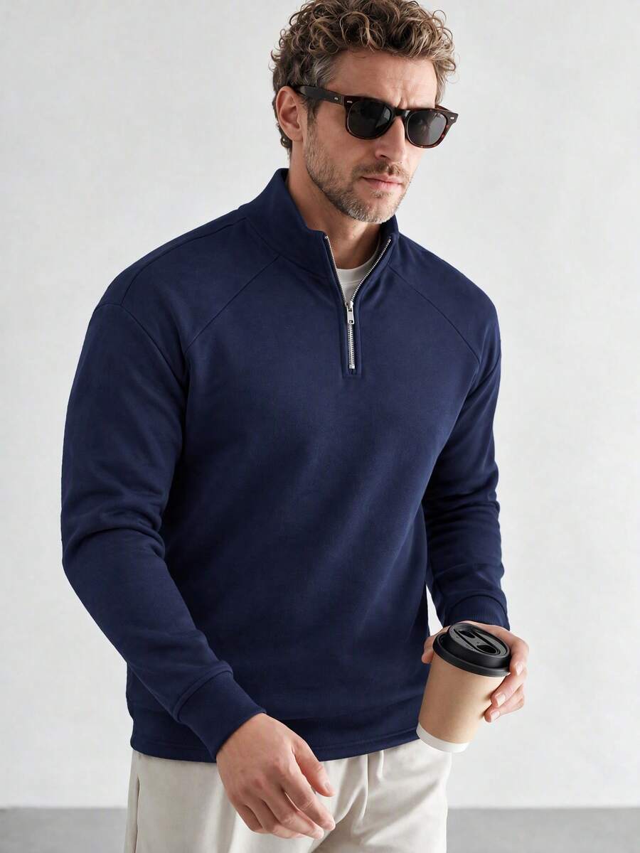 Men's Half-Zip Stand Collar Sweatshirt, Autumn/Winter Navy Blue Solid Color Raglan Sleeve Loose Casual Long Sleeve Pullover Top