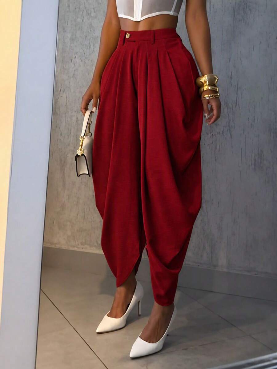 Celana Kasual Wanita Pinggang Tinggi Longgar Berlipit Tidak Beraturan Model Longgar Kancing Gaya Linen Berkualitas Tinggi untuk Musim Semi dan Gugur - Merry Berry - View 1