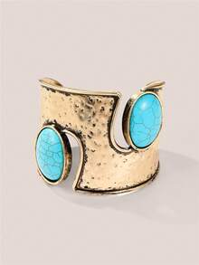 Valisandre Vintage Distressed Metal Wide Cuff Bracelet, Bohemian Style With Oval Turquoise-Like Stone And Multicolor Gemstones - Bronze - View 6
