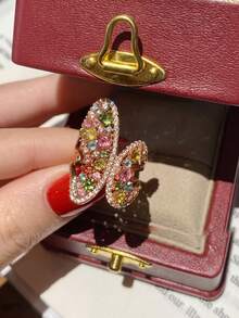 1pc Vintage Asymmetrical Hollow Rhinestone Butterfly Ring, Colorful Crystal Inlaid Shiny Design Ring, French Elegant Stackable Index Finger Ring, Women's Party Daily Jewelry Gift - Multicolor - View 8