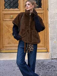 2026 New Women's Coffee Color Old Money Style Faux Fur Solid Color Winter Short Sleeve Jacket With Pockets - Brown - View 2