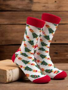 GNIM HL 1 Pair Unisex Christmas Tree Crew Cotton Socks Colorful Star Xmas Tree Print Winter Holiday Novelty Socks Christmas Gift For Men Women - White - View 10