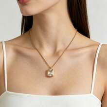 Classic Women's Copper-Plated Gold Rectangular Zirconia Pendant Necklace With Adjustable Chain, Minimalist Elegant Versatile Everyday Necklace - Gold - View 5
