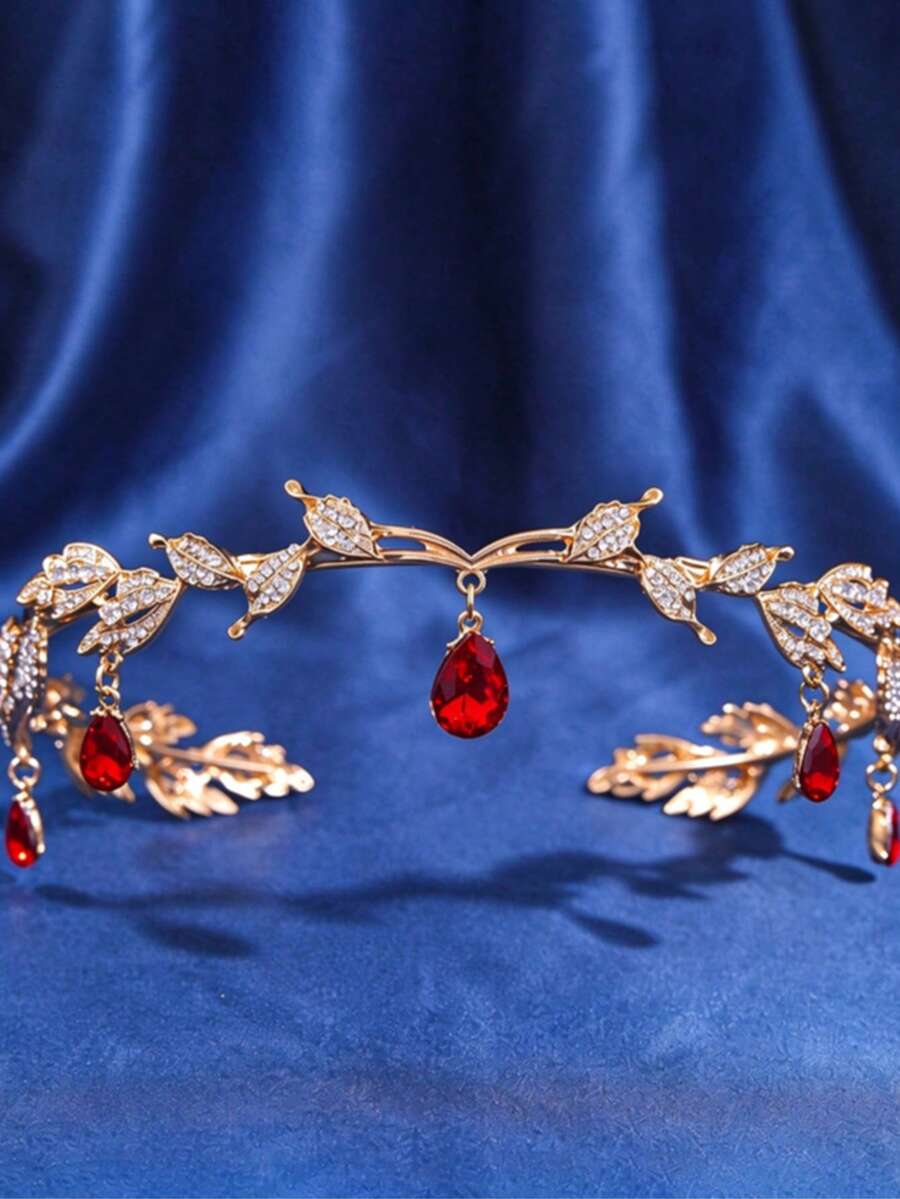 1pc Gold Rhinestone Crown Forest Style Water Drop Forehead Ornament Princess Birthday Tiara Wedding Accessory - Red - View 1