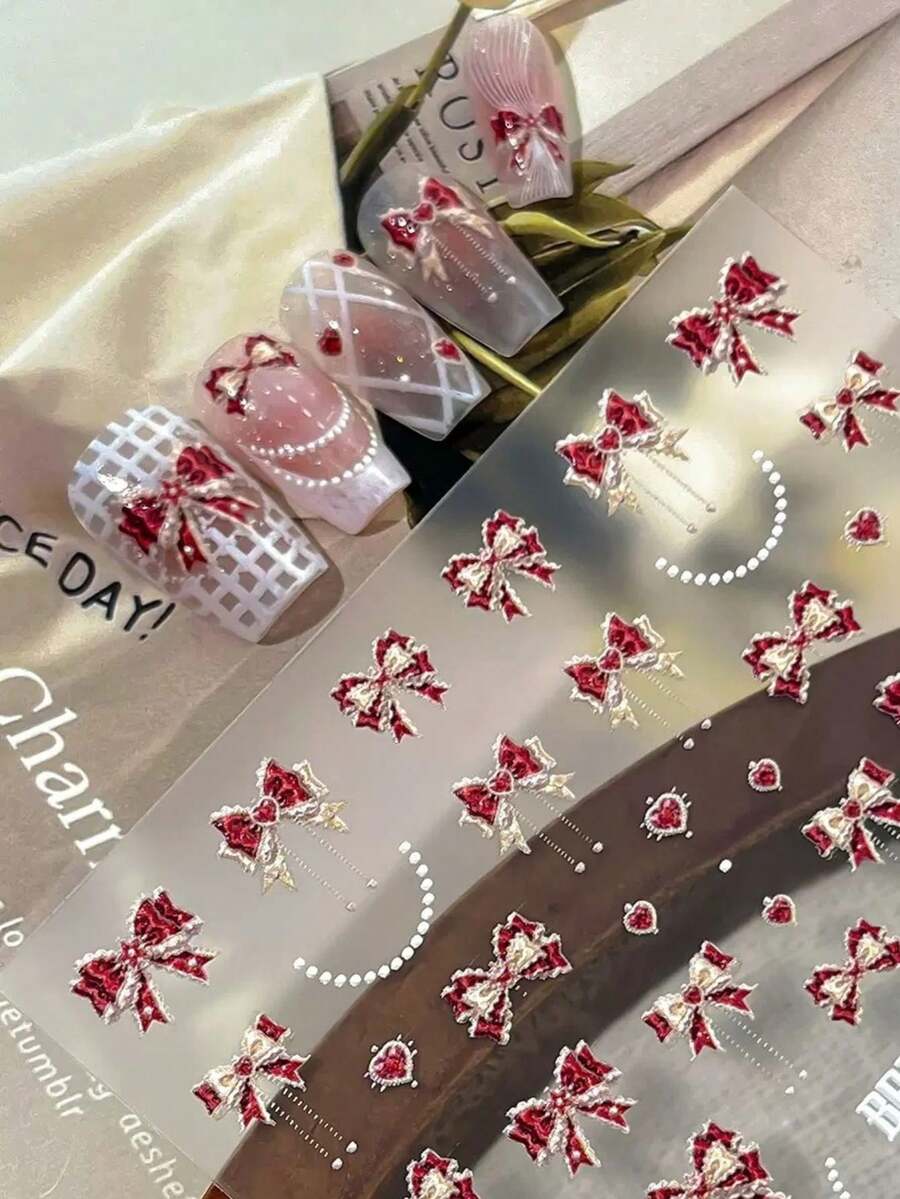 1pc Vintage Burgundy Bow Nail Sticker, Embossed 3D Craft, With Pearl Heart Pendant Pattern, Thin Easy-To-Apply, DIY Wearable Nails, Versatile Decoration For Nail Salon - Multicolor - View 1