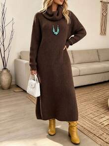 Plus Size Women Solid Color Warm Long Sleeve Ruched Neck Knit Dress, Loose Fit Flattering Everyday Home & Outdoor Versatile Style - Coffee - View 9
