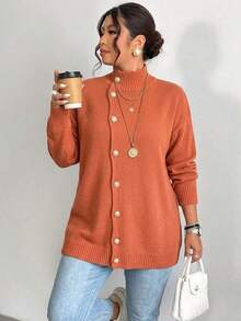 Plus Size Women Solid Color Mid-Length Knit Cardigan Sweater Jacket, Loose Fit, Slimming, Warm, Flattering, Versatile - Orange - View 9