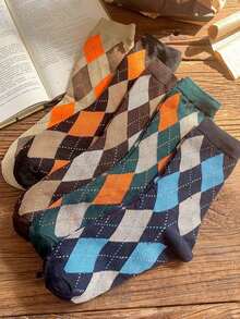 3 Pairs Girls' Mid-Calf Socks, School Style, Vintage Literary, Classic Argyle, Japanese Fashion, Versatile - Multicolor - View 5