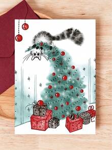 1Pc Cute Cat Christmas Greeting Card, Funny Watercolor Cat On Christmas Tree With Gift Boxes Design Holiday Card, Xmas Winter Snowflake Ornament Card, Novelty Christmas Wish Card For Family Cat Lovers - A6 - View 5