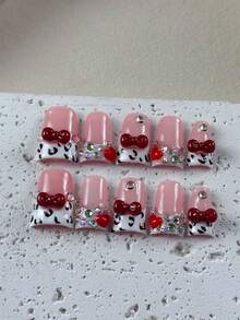 10pcs High-End Sweet Girl Style, Hand-Painted Leopard Print, Three-Dimensional Bow, Heart Shape, Fine Glittering Diamond Dots Handmade Fake Nails, New Year And Christmas Gifts. - Baby Pink - View 2