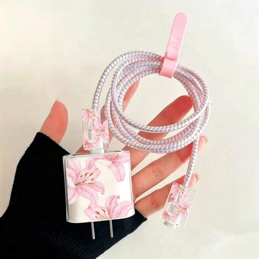 Pink TPU Flower Pattern Charger Cable Protector, Compatible With Apple 18/20W Charger, Suitable As A Gift For Friends - Pink - View 1