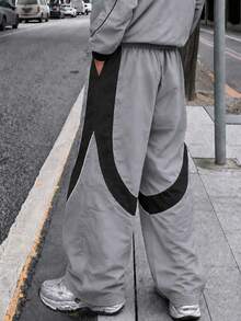 Men's Striped Baggy Sweatpants, Loose Fit Wide Leg Track Pants, Drawstring Waist, Adjustable Cuffs, Hip Hop Casual Streetwear - Grey - View 3