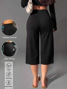 1pc Black High-Waisted Capri Pants, Tummy Control & Butt Lifting Slimming Design, 3D Cut, Breathable, Suitable For Casual Wear, Yoga And More - Black - View 1