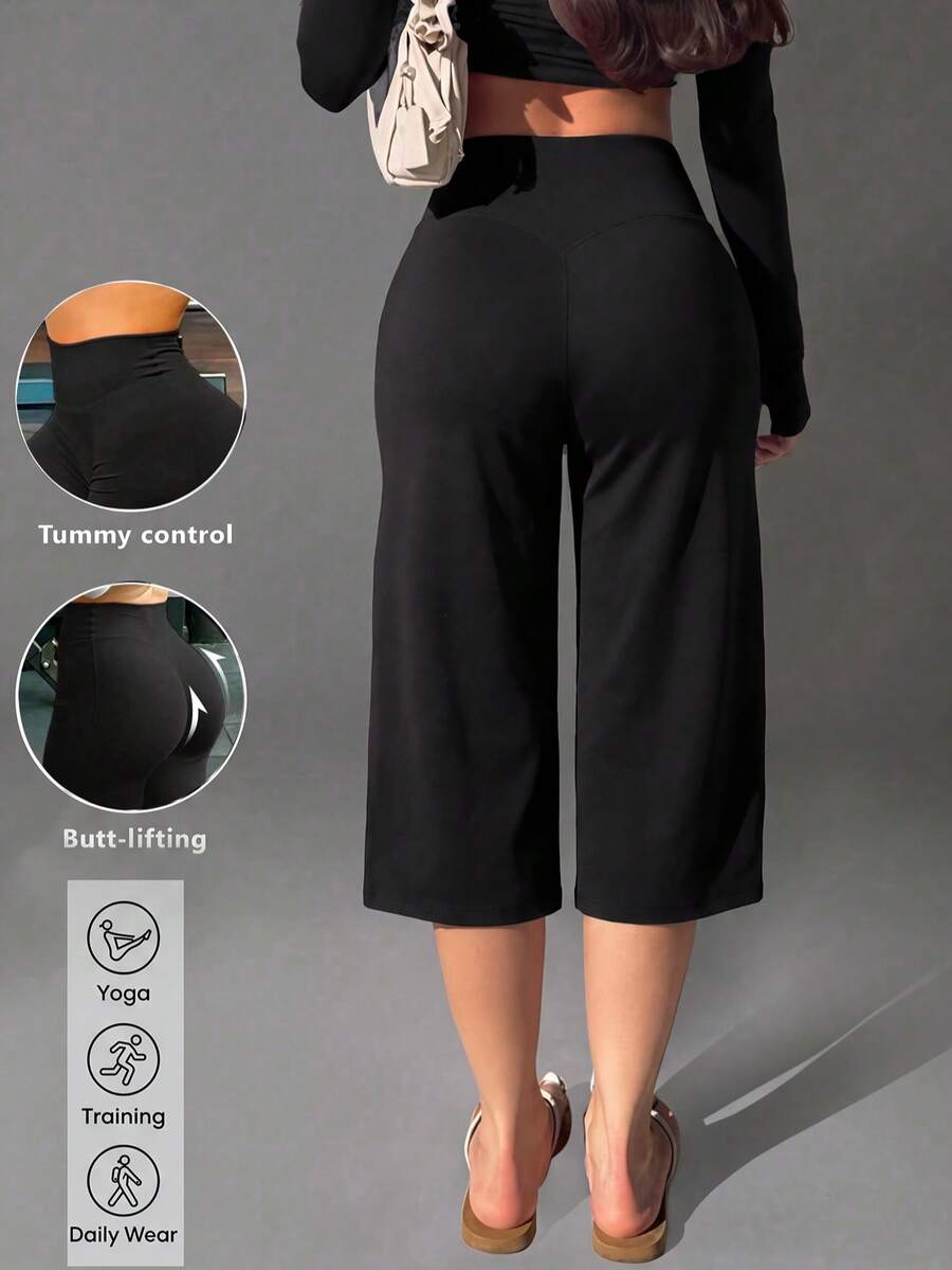 1pc Black High-Waisted Capri Pants, Tummy Control & Butt Lifting Slimming Design, 3D Cut, Breathable, Suitable For Casual Wear, Yoga And More - Black - View 1