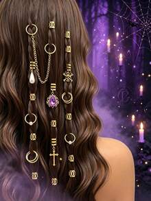 Set Aksesori Rambut Dreadlock Halloween 47pcs, Cincin Rambut Kepang Logam Punk, Ikat Rambut Rantai Tengkorak Salib Bintang, Aksesori Penataan Rambut Liburan - Emas - View 1