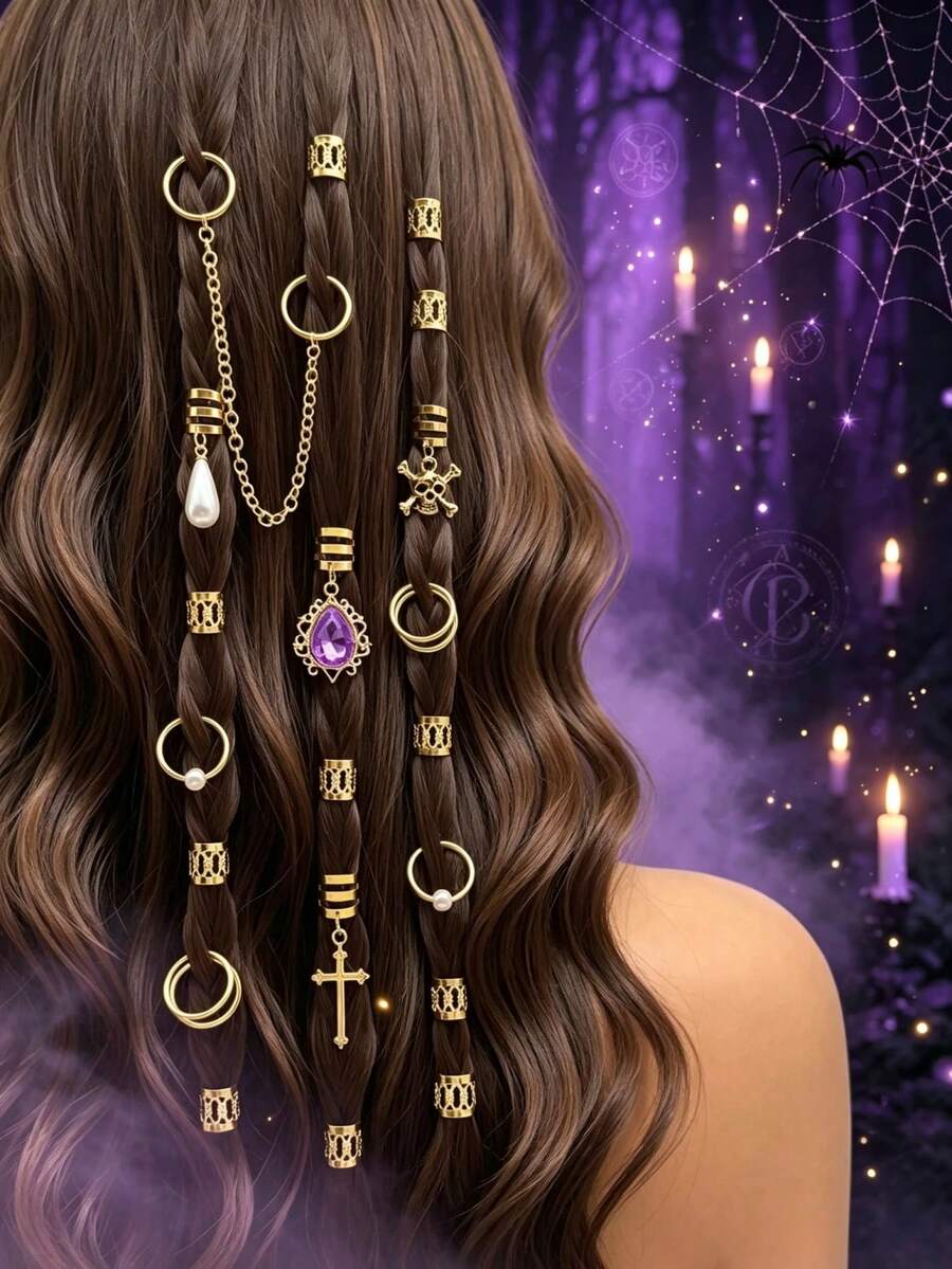 Set Aksesori Rambut Dreadlock Halloween 47pcs, Cincin Rambut Kepang Logam Punk, Ikat Rambut Rantai Tengkorak Salib Bintang, Aksesori Penataan Rambut Liburan - Emas - View 1