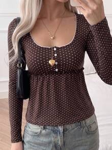 SCARLUX Women Fall Y2K Polka Dot Tee, Lace Trim Square Neck Ruffle Hem Long Sleeve Top, Back To School Daily Commute Wear - Brown - View 7