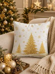 Christmas Snowflake Christmas Tree Table Runner, Pillowcase, Placemat, Winter Rustic Gold Linen Dining Table Decor, Holiday Party Home Decoration, Kitchen Dining Table Decor Flag - Multicolor - View 6