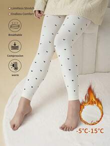 Women White Black Heart-Shaped Pattern Brushed Thermal Tights, Warm Winter Pantyhose Fit-5℃-15℃ - Multicolor - View 1