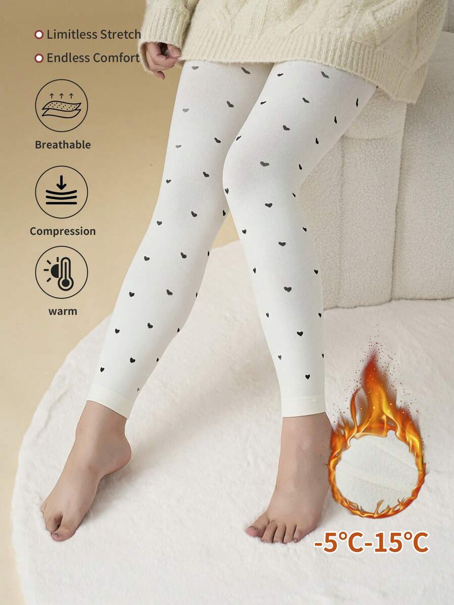Women White Black Heart-Shaped Pattern Brushed Thermal Tights, Warm Winter Pantyhose Fit-5℃-15℃ - Multicolor - View 1