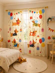 2Pcs Cartoon Dachshund Birthday Party Print Pattern Curtains, Fun Cartoon Semi-Sheer Rod Pocket Window Decor, Suitable For Living Room And Bedroom, Rod Not Included, Machine Washable - Dachshund - View 9
