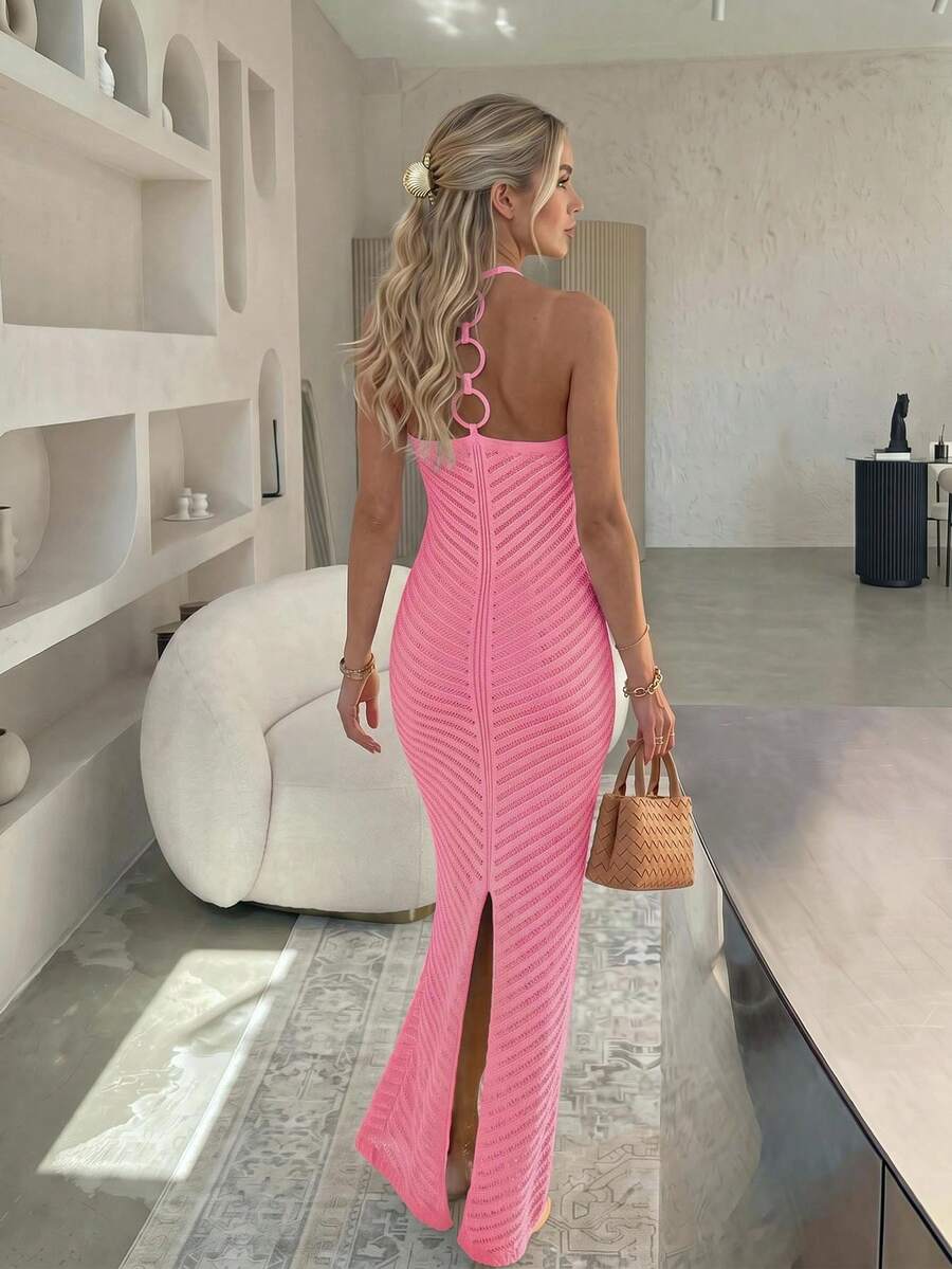 Women's Summer Solid Color Long Sexy Sleeveless Dress With A Back Slit, Back Loop Splicing Design, Fitted Strap Dress, Beach Vacation Style - Pink - View 1