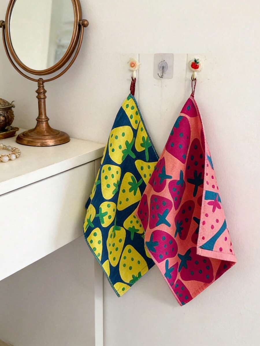 1pc/3pcs Soft Strawberry & Floral Pattern Gauze Hand Towels, Hanging Style Absorbent, Suitable For Face Washing, Wiping Sweat, Foot Drying, Bathroom, Kitchen - Multicolor - View 1