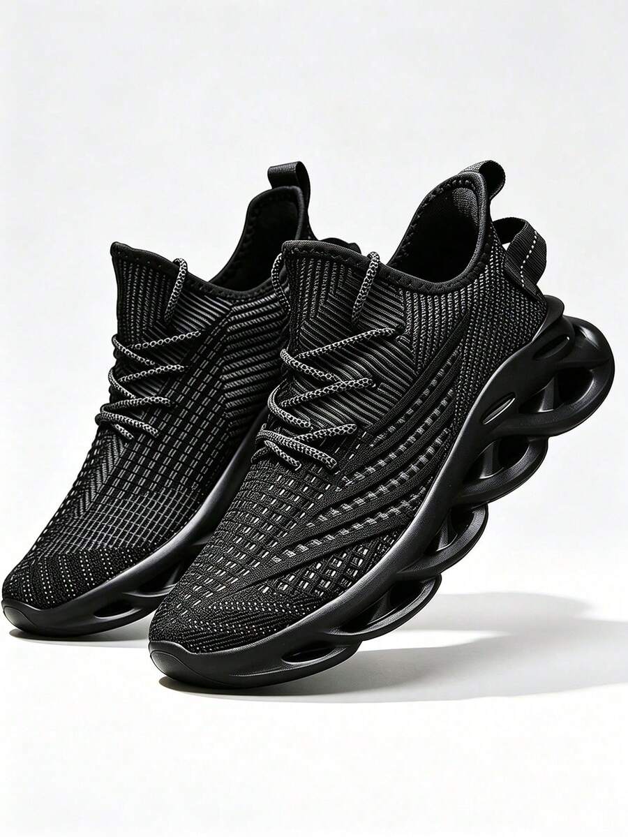 1 Pair Pure Black Casual Sports Shoes With Hollow Sole, Blade Design, Mesh Sock-Style, Lightweight, Breathable And Comfortable, Couple Style - Black - View 1