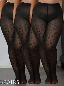 3 Pairs CURVE TIGHTS, High Elasticity, Women's Leopard Print Sheer Tights, Autumn/Winter Animal Texture Leggings, Suitable For 10-25°C, Plus Size Design For Daily Wear - Black - View 8