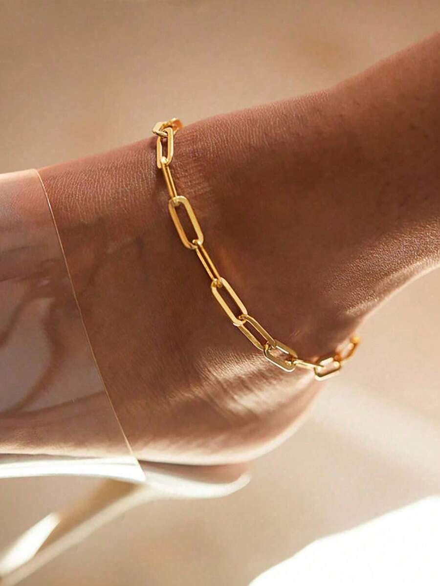 1pc Minimalist Stainless Steel Chain Anklet For Beach Vacation - Yellow Gold - View 1