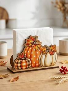 1pc Wooden Napkin Holder, Autumn Pumpkin & Maple Leaf 3D Decorative Design, Vertical Paper Towel Storage Base, Suitable For Dining Table Napkins, Restaurant Tabletop Display, Autumn Table Setting, Thanksgiving Table Decor, Autumn Home Soft Furnishing, Desktop Decorative Ornament, Holiday Table Storage Supplies - Multicolor - View 3