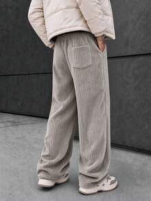 Men's Corduroy Straight Leg Pants, Comfortable Loose Fit Solid Color Versatile Long Pants, Autumn/Winter Double Waistband Design Casual Trousers - Beige - View 4