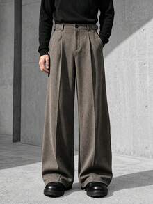 Men's Casual Versatile Commute Solid Color Wide Leg Pants, Autumn/Winter Style, Fashion Brushed Twill Fabric Wide Leg Pants, Minimalist Style Trousers - Coffee Brown - View 4