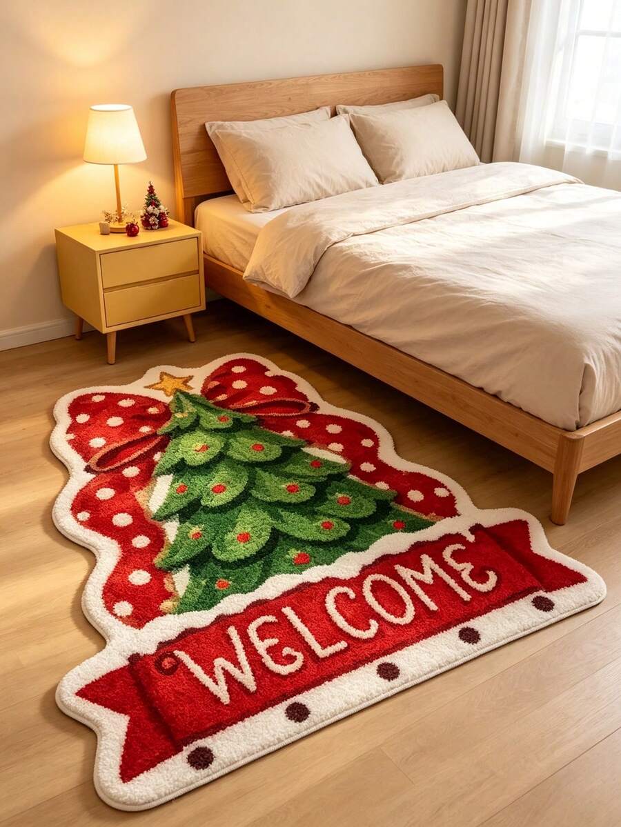1 pieza Alfombra de bienvenida con lazo de árbol de Navidad asimétrico, alfombra de ambiente navideño para el lado de la cama, alfombra de terciopelo antideslizante para la entrada de la sala de estar, alfombra decorativa, decoración de dormitorio, alfombra pequeña, alfombra, decoración del hogar, alfombra de sala de estar, alfombra pequeña de sala de estar, alfombra de dormitorio, decoración del hogar de sala de estar, alfombra para exteriores, alfombra lavable - Multicolor - Ver 1
