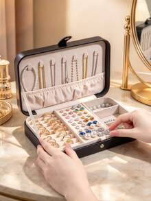 Caixa de Joias de Couro PU de Grande Capacidade, Estojo de Viagem de Joias Listrado para Mulheres, Caixa de Viagem Portátil de Camada Dupla, Pode Armazenar Brincos, Anéis, Colares e Pulseiras, Também Adequado para Armazenar Acessórios de Cabelo de Meninas, Presente Ideal para Madrinhas, Natal, Dia das Mães, Volta às Aulas - Multicolorido - Visão 20