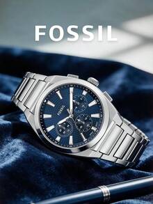 Fossil FS6104 Men Chronograph Wristwatch,Blue Dial Applied Markers Steel Bracelet Multi‑Function Formal Commuter Watch - Blue - View 2