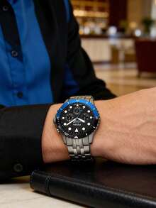 Jam Tangan Pria Fossil FS5835 Sport, Bezel Biru-Hitam, Tali Baja Bercahaya, Jam Tangan Kronograf Multifungsi - Hitam + Biru Tua - View 4