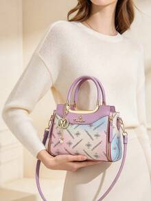 Women's Fashion Gradient Monogram Handbag Set, Stylish Top Handle Bag With Matching Purse, Contrast Color Trim, M Pearl Charm, Gold Hardware - Violet Purple - View 3